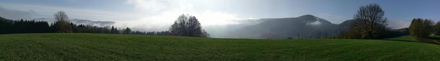 Blick über die Wiesen von Gern auf die Wienerwaldhügel mit Nebel im Laabental